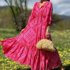 Up Swing Temperament V Neck Loose Floral Print Puff Sleeve Pleated Summer Lace Dress
