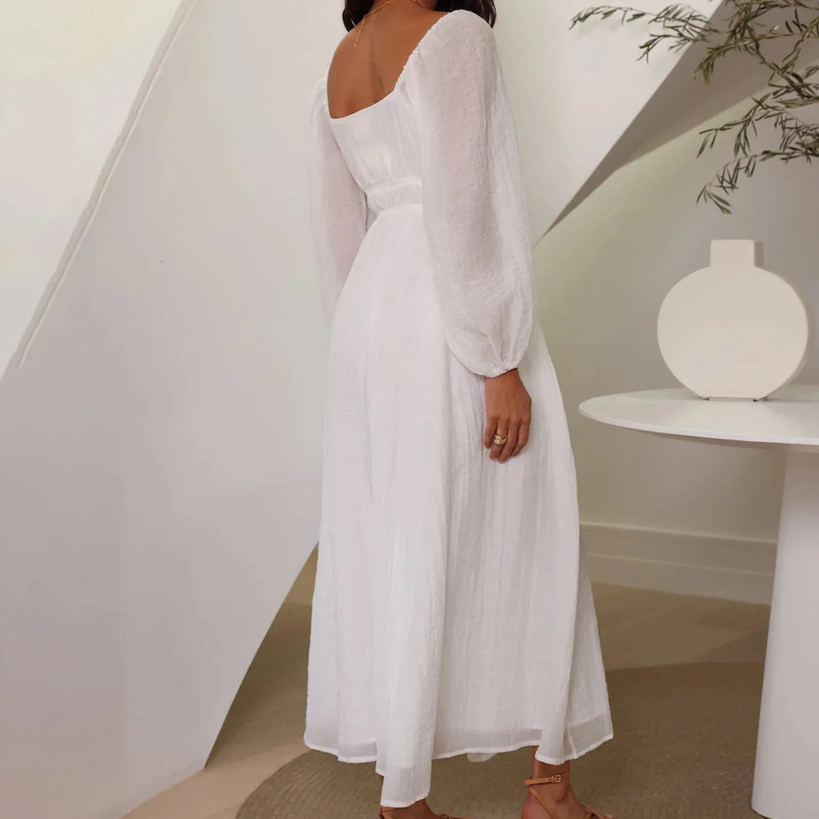 V Neck Tie Front Solid Color Long Sleeve Backless A-Line Party Beach Cocktail Club Maxi Sexy Dress