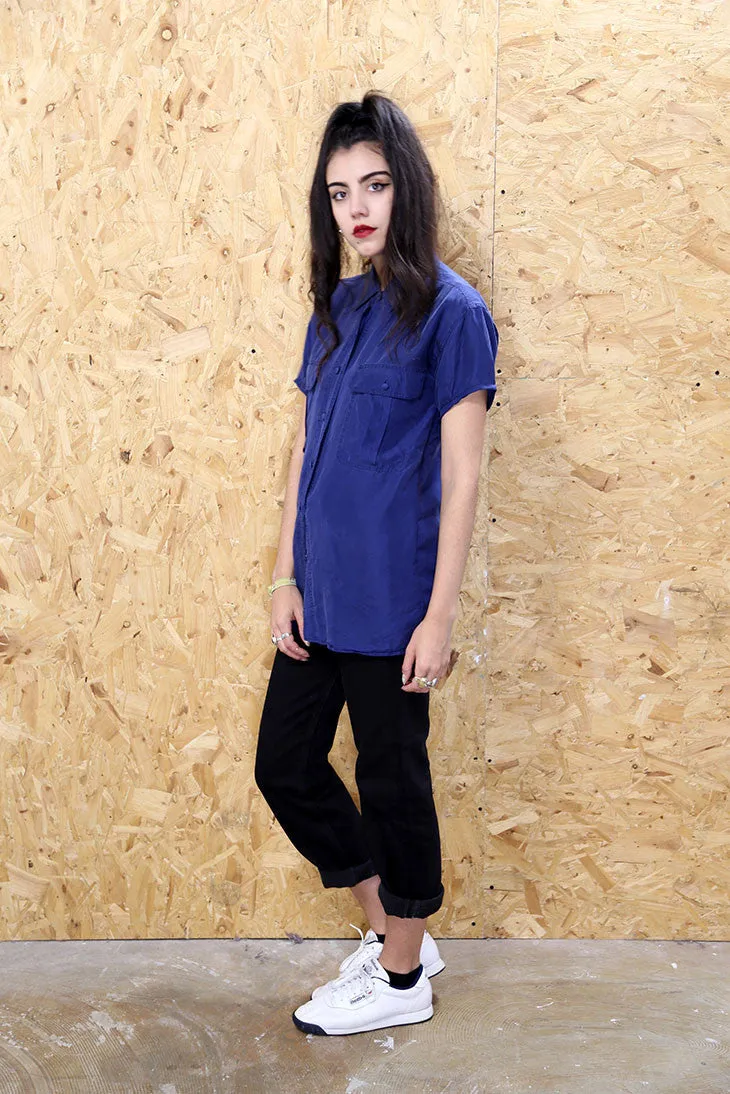 Vintage 90s Navy Silk Shirt Dress