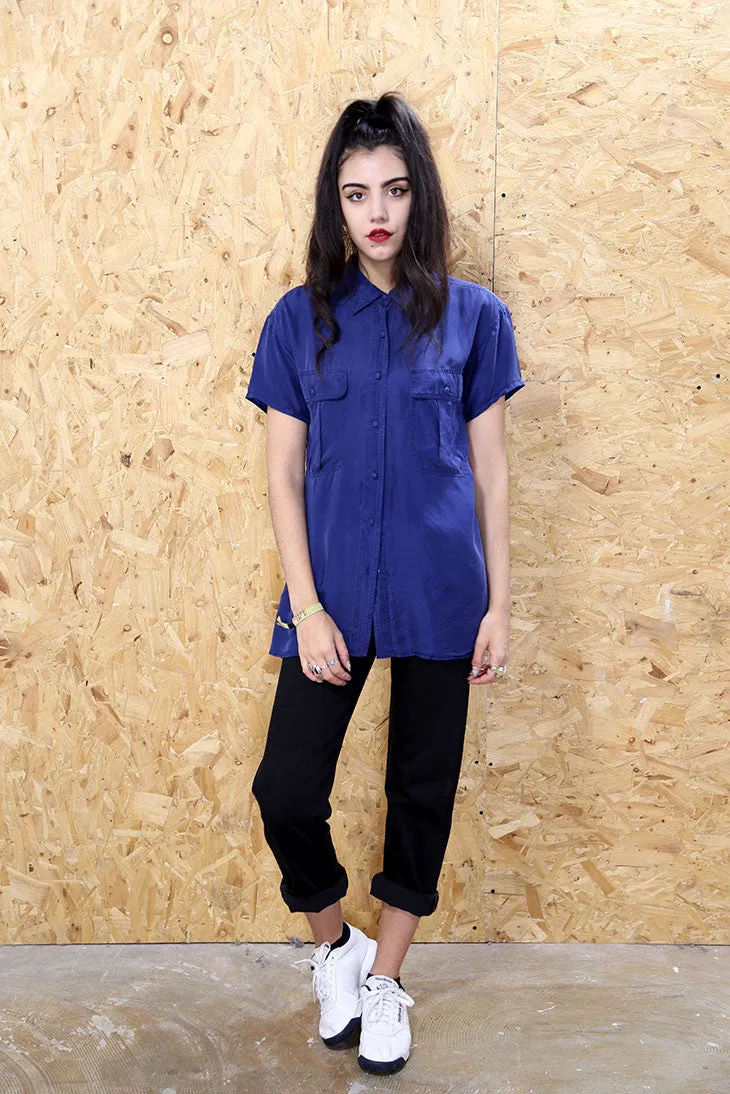 Vintage 90s Navy Silk Shirt Dress