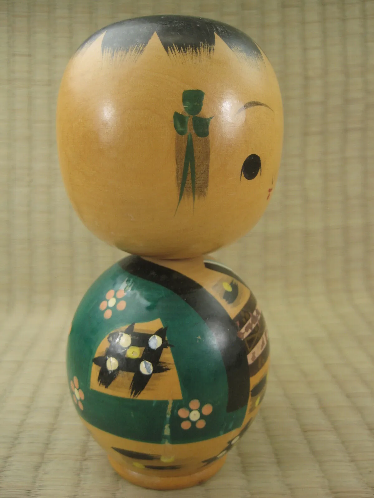 Vintage Japanese Kokeshi WoodenDoll Green Hantan With Pink Plum Blossoms 6"