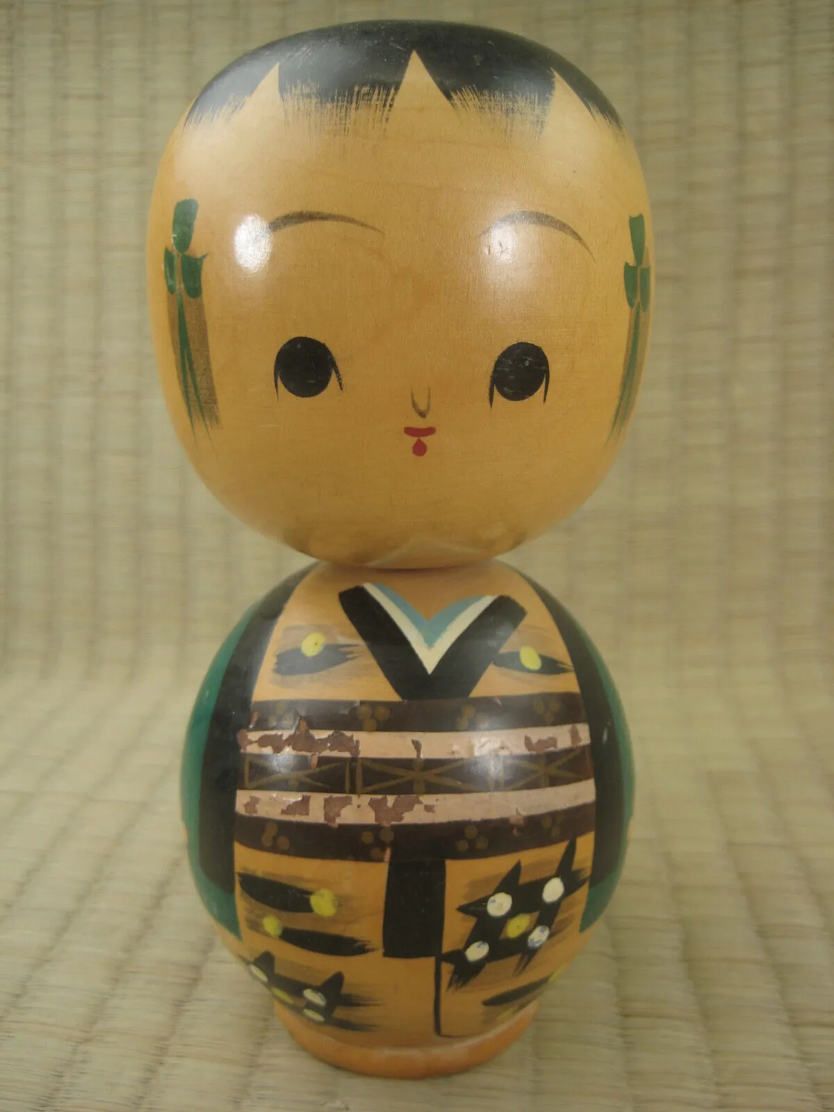 Vintage Japanese Kokeshi WoodenDoll Green Hantan With Pink Plum Blossoms 6"