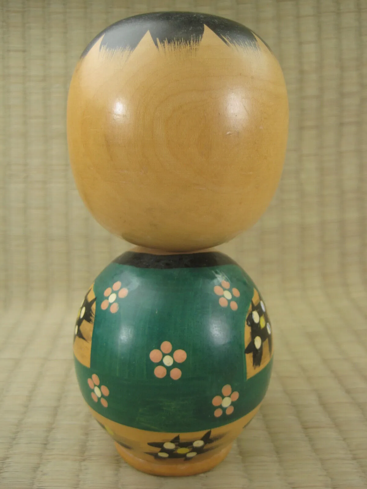 Vintage Japanese Kokeshi WoodenDoll Green Hantan With Pink Plum Blossoms 6"