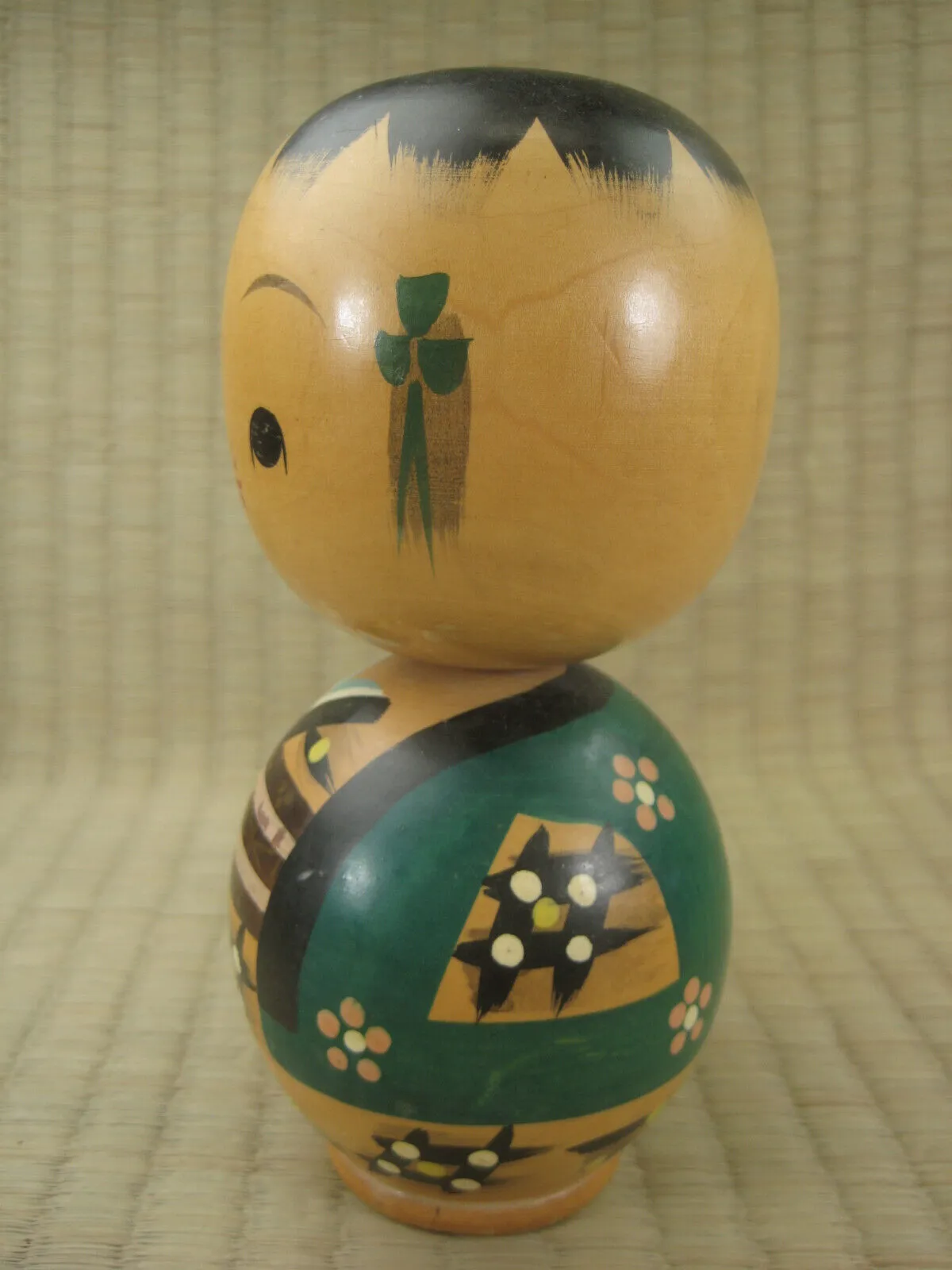 Vintage Japanese Kokeshi WoodenDoll Green Hantan With Pink Plum Blossoms 6"