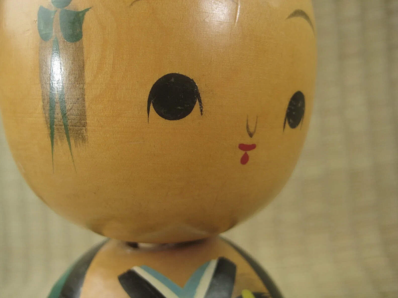 Vintage Japanese Kokeshi WoodenDoll Green Hantan With Pink Plum Blossoms 6"