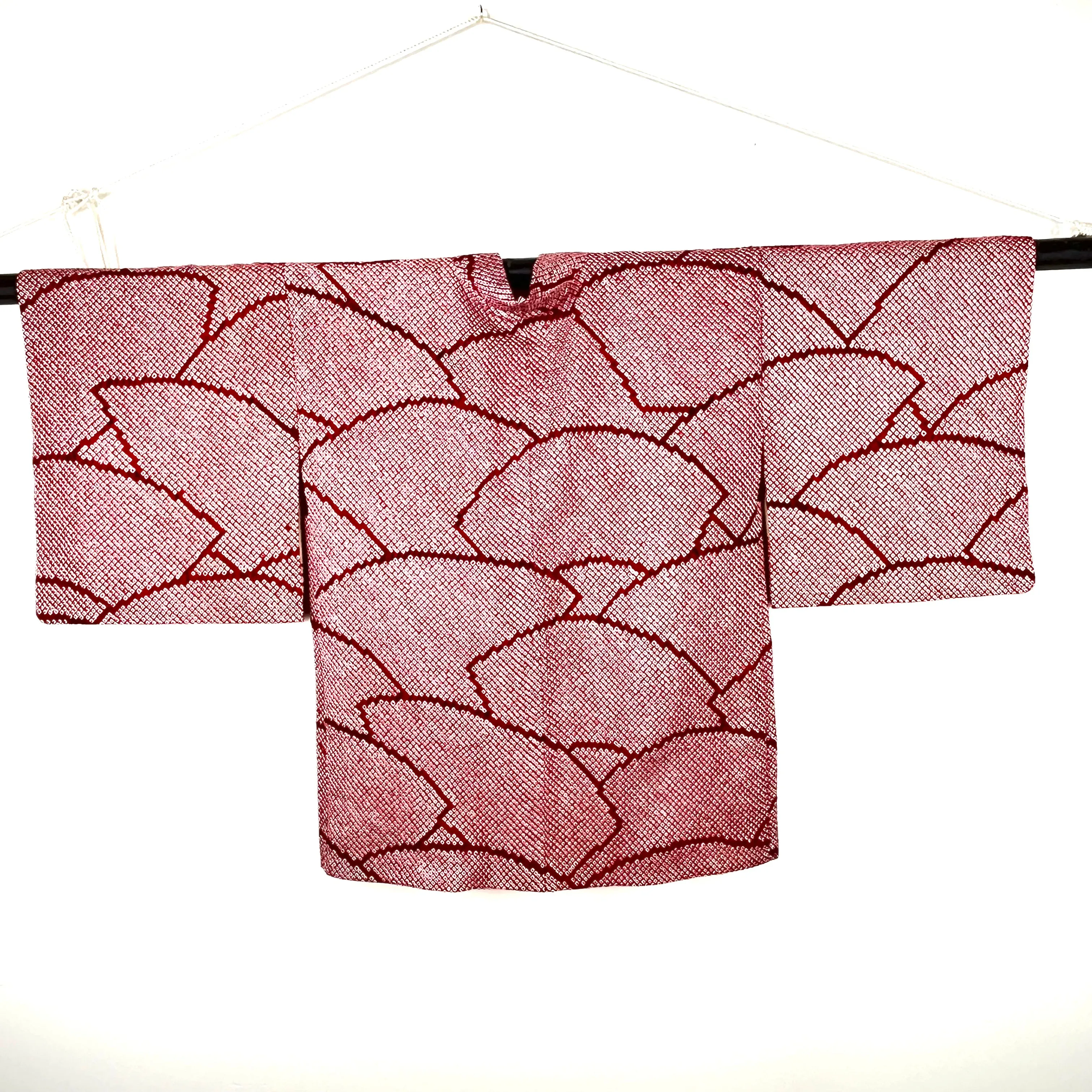 Vintage Japanese Silk Haori Coat in Shibori Tie-dye Bright Red Fan Pattern 28"L