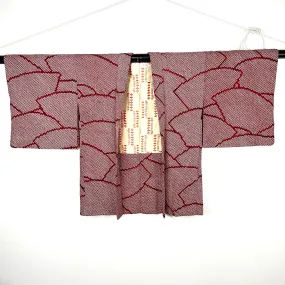 Vintage Japanese Silk Haori Coat in Shibori Tie-dye Bright Red Fan Pattern 28"L