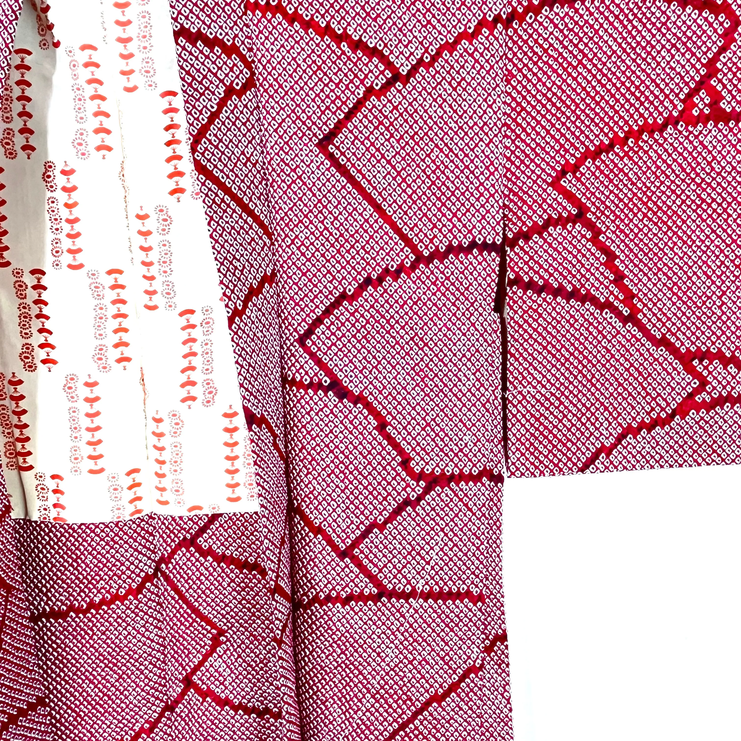 Vintage Japanese Silk Haori Coat in Shibori Tie-dye Bright Red Fan Pattern 28"L