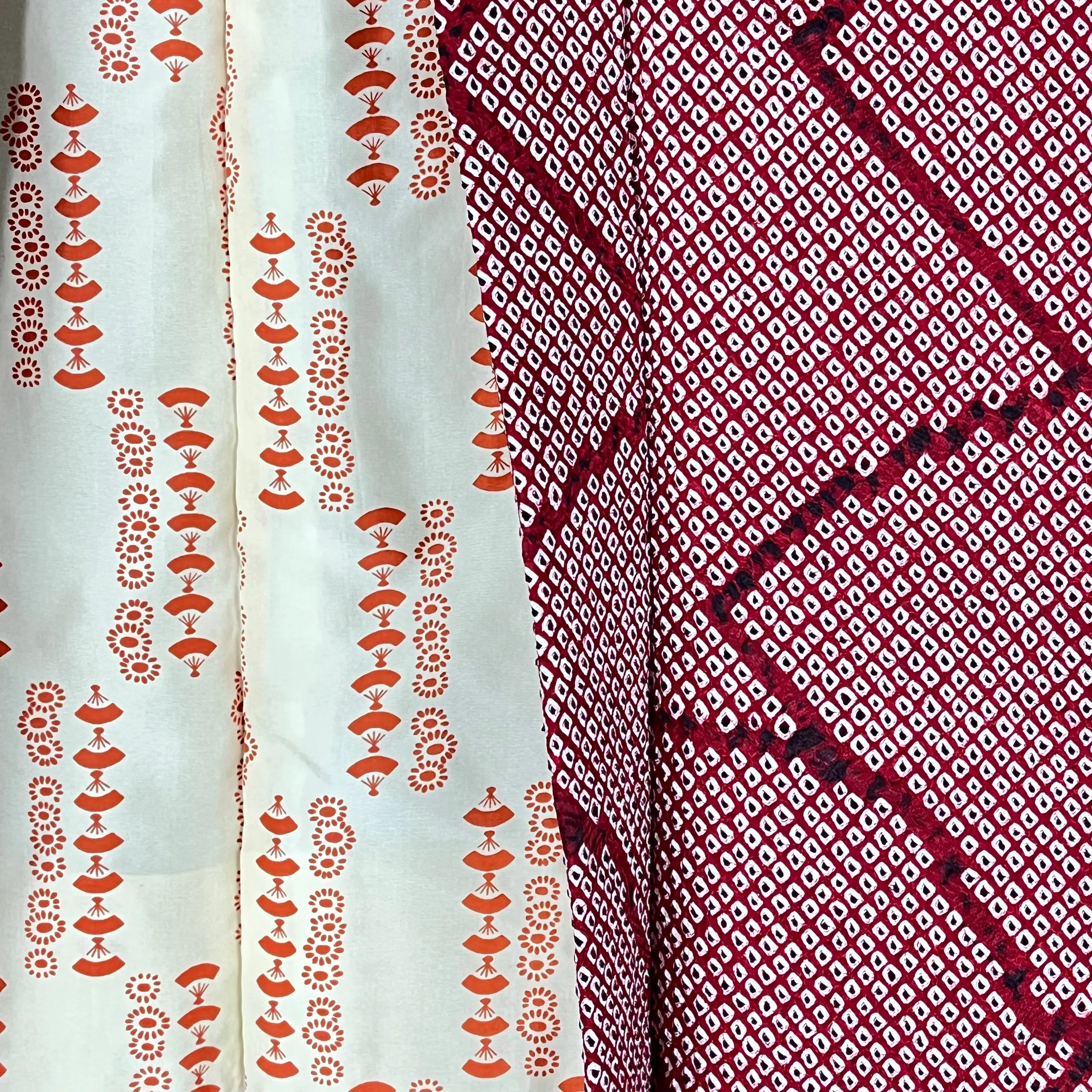 Vintage Japanese Silk Haori Coat in Shibori Tie-dye Bright Red Fan Pattern 28"L