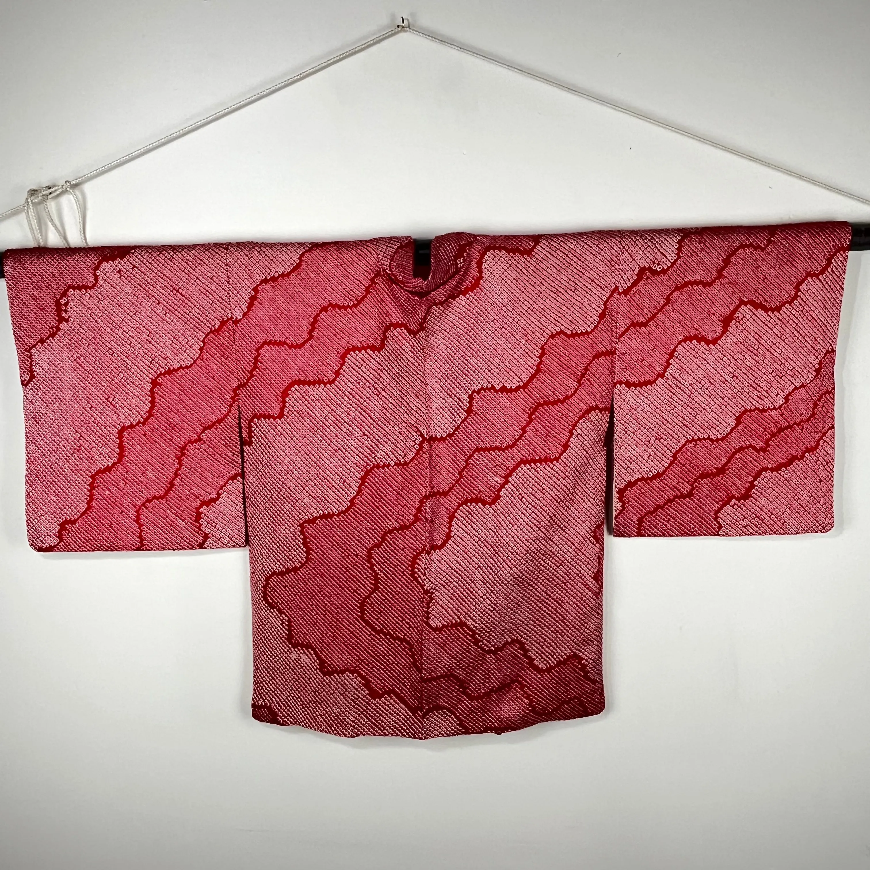 Vintage Japanese Silk Haori Coat in Shibori Tie-dye Bright Red Wavy Pattern 28"L