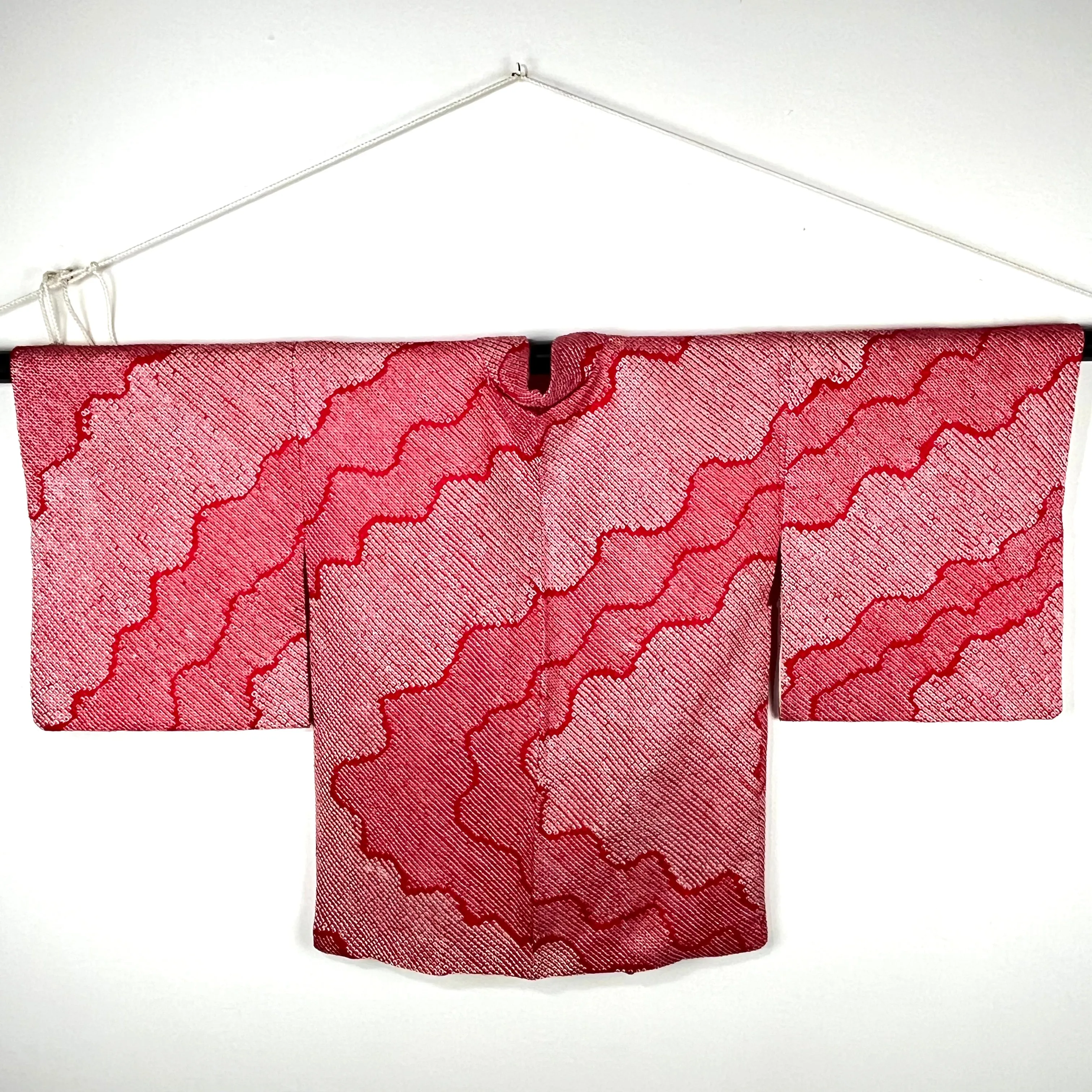 Vintage Japanese Silk Haori Coat in Shibori Tie-dye Bright Red Wavy Pattern 28"L