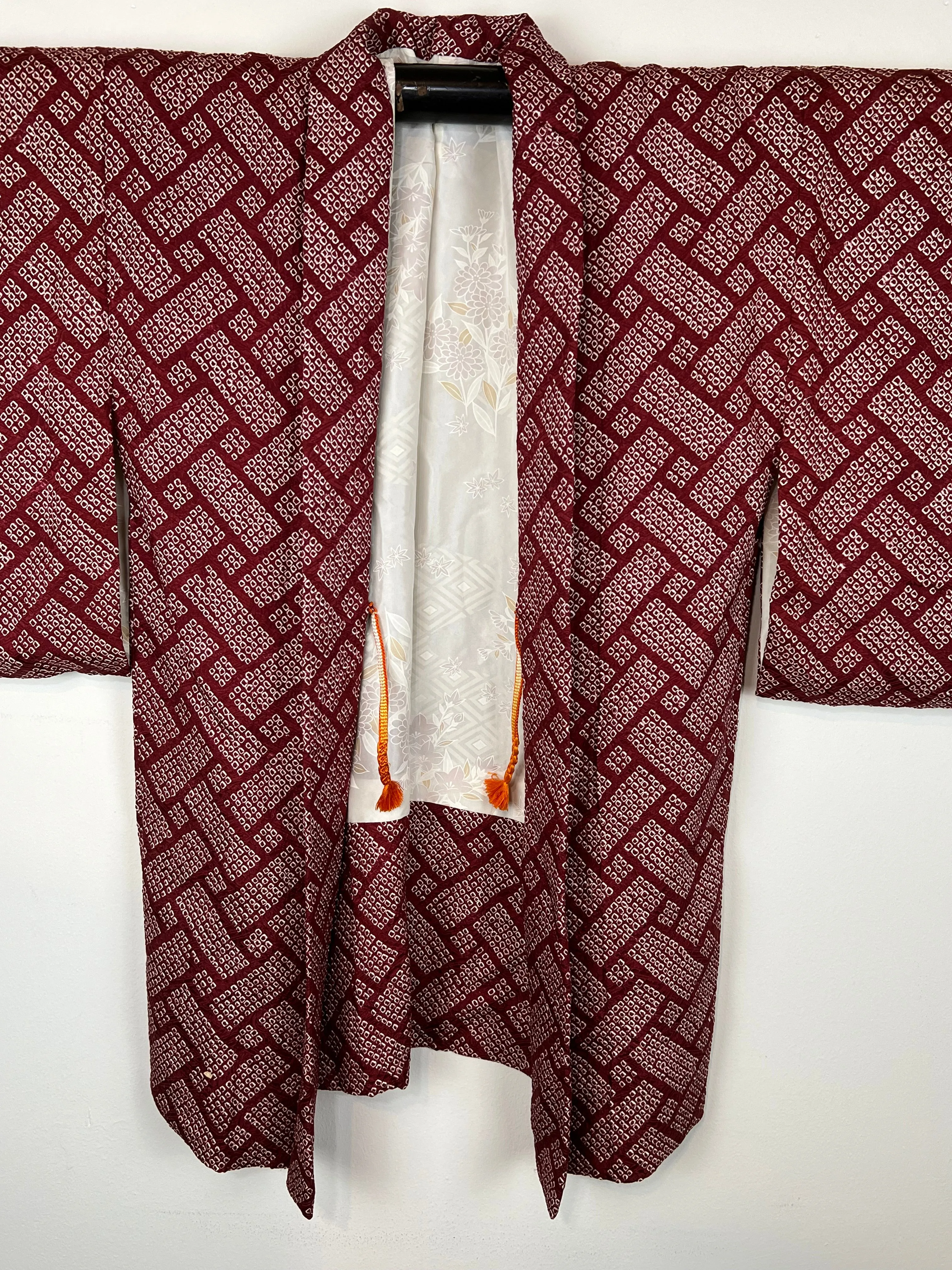 Vintage Japanese Silk Haori Coat in Shibori Tie-dye Style Cherry Red 30"L