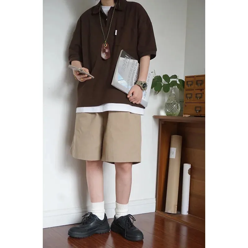 Wiaofellas  -  Japanese Sle Ciboy Retro Pearl Cotton Men's and Women's Loose Pocket Short sleeve Polo Shirt