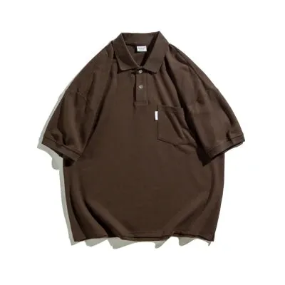 Wiaofellas  -  Japanese Sle Ciboy Retro Pearl Cotton Men's and Women's Loose Pocket Short sleeve Polo Shirt