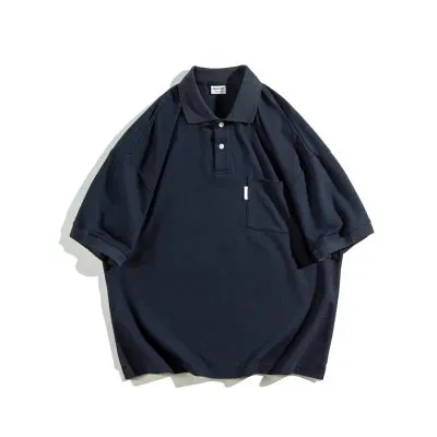 Wiaofellas  -  Japanese Sle Ciboy Retro Pearl Cotton Men's and Women's Loose Pocket Short sleeve Polo Shirt
