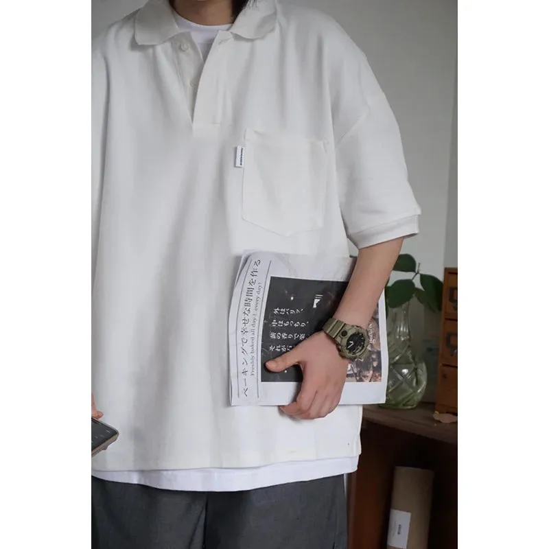 Wiaofellas  -  Japanese Sle Ciboy Retro Pearl Cotton Men's and Women's Loose Pocket Short sleeve Polo Shirt