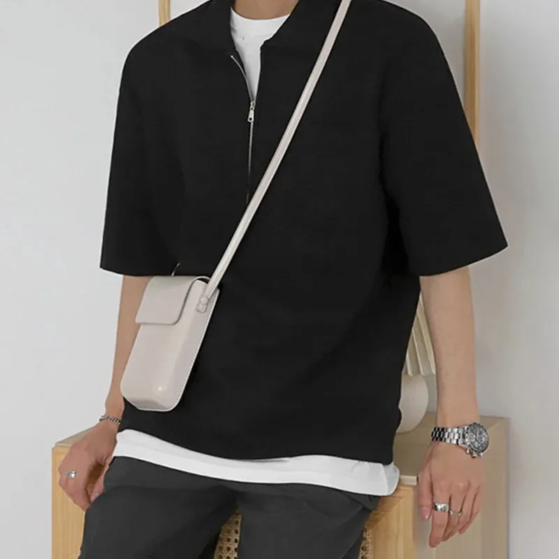 Wiaofellas  -  Summer Men's Clothing Light Luxury Knit Zipper Short-sleeved Polo Shirt Solid Color Retro Leisure Korean Popular Knitwear