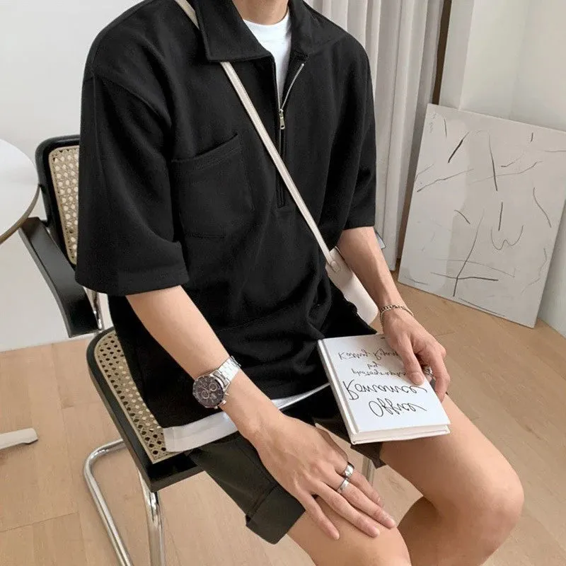 Wiaofellas  -  Summer Men's Clothing Light Luxury Knit Zipper Short-sleeved Polo Shirt Solid Color Retro Leisure Korean Popular Knitwear