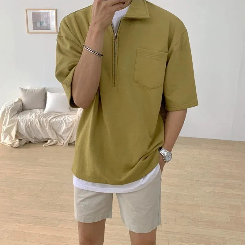 Wiaofellas  -  Summer Men's Clothing Light Luxury Knit Zipper Short-sleeved Polo Shirt Solid Color Retro Leisure Korean Popular Knitwear