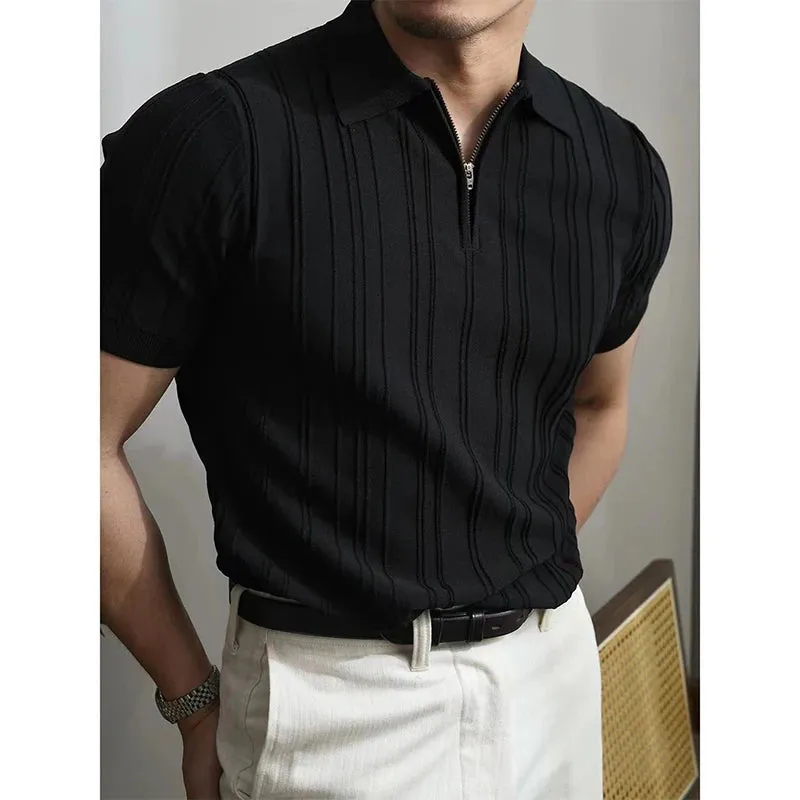 Wiaofellas  -  Summer Men's Clothing Light Luxury Zipper Polo Shirt Korean Solid Color Short Sleeve Retro Fashion Streetwear Leisure Knitwear